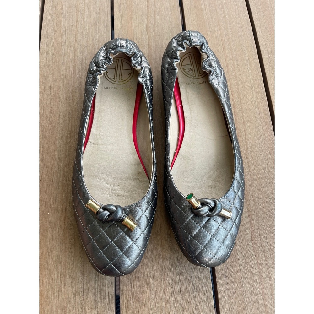 Lilly Pulitzer Quilted Metallic Pewter Leather Ballet Flats Knot Bow Shoes 8.5